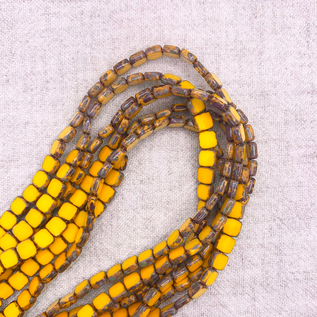 Two Hole Tile Bead - Table Cut Op Yellow Picasso