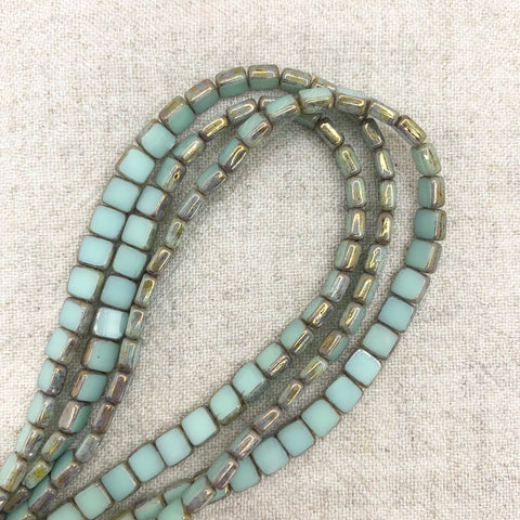 Two Hole Tile Bead - Table Cut Op Pale Jade Bronze Picasso