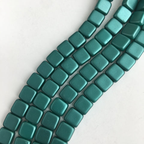 30 2 hole tile beads, jet green iris, 6mm