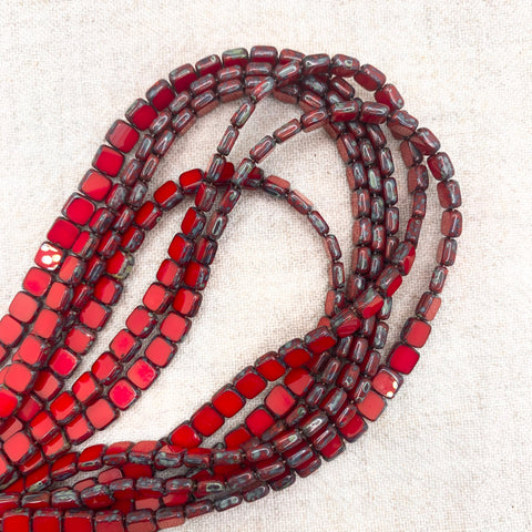 Two Hole Tile Bead - Table Cut Op Red Picasso